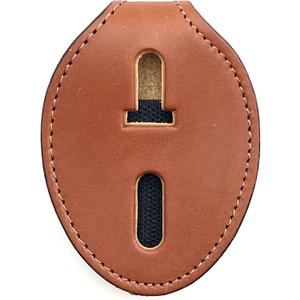 Perfect Fit Universal Oval Police Badge Holder Shield with Metal Belt Clip and Bead Chain Necklace, Hook and Loop Closure, Tan Leather