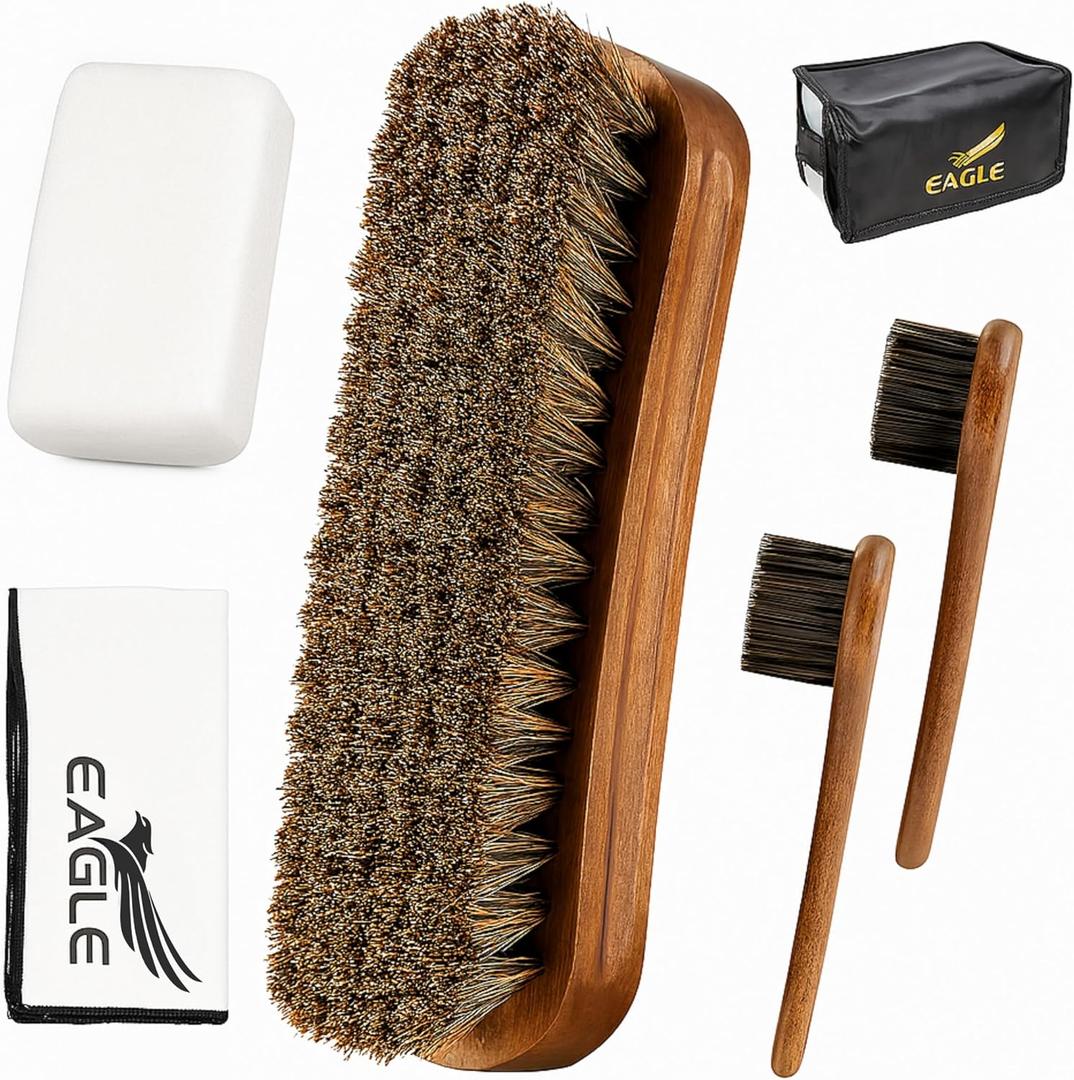 Eagle Shoe Shine Brush Kit 5-Piece Leather Care Set with Horsehair Brush, Daubers, Shine Sponge & Polishing Cloth for Shoes, Boots, Bags & Accessories