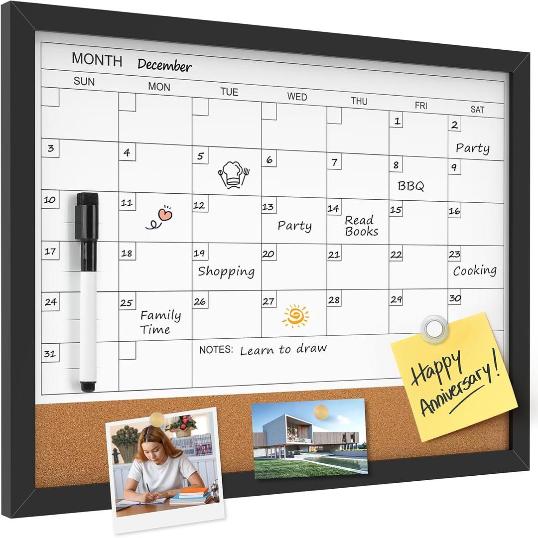 MaxGear Dry Erase Board Calendar Whiteboard for Wall, 17 x 13 White Board with Cork Board, Monthly Bulletin Board Calendar with Wood Frame, Whiteboard & Corkboard Combo for Office, School, Home