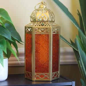 Vela Lanterns 12" Metal Moroccan Decorative Candle Lantern Holders for Hanging or Table, Indoor Home Decor, Outdoor Patio or Porch, Weddings, Gold, Amber Glass, Large