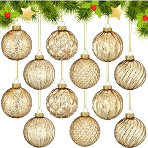 Jenaai 12 Pcs 2.36 Inch Gold Glass Christmas Ball Ornaments Vintage Christmas Tree Decorations Mercury Glass Hanging Ornaments for Trees Xmas Holiday Party Garland DIY Craft Supplies, 6 Style