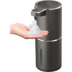 Automatic Foaming Soap Dispenser, 4-Level Adjustable Foam, Wall Mount, USB Rechargeable, 12.8oz/380ml, Touchless Hand & Dish Soap Dispenser for Bathroom, Kitchen, Hotel, Restaurant (Metallic Grey Black)