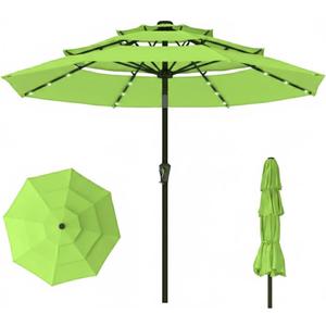 10ft 3-Tier Patio Umbrella with 32 Solar Powered LED Lights, Windproof Outdoor Market Umbrella for Deck, Poolside & Garden, Sturdy Push-Button Tilt Table Umbrella, Apple Green