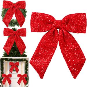 Hungdao 23.6 Inch Large Velvet Sequin Christmas Bow Outdoor Decorations Fabric Christmas Bows with Stuffed for Wreaths Garland Tree Topper Stairs, Railing, Porch(Red Color)