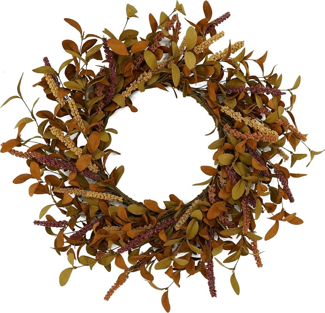 20 inch Fall Wreath Autumn Eucalyptus Harvest with Leaves,Mixed Grain for Front Door Farmhouse Indoor Outdoor Festival Home Thanksgiving Decor, Orange Leaves S