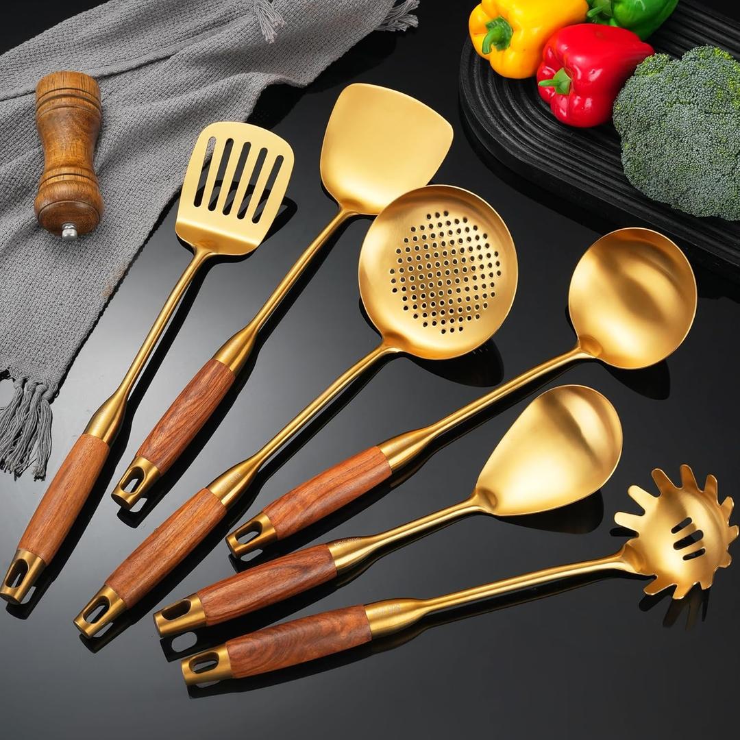 Gold Kitchen Utensils Set with Wooden Handle, 6 PCS Professional Stainless Steel Cooking Utensils Set, Wok Spatula, Ladle, Skimmer, Slotted Spatula Turner, Spaghetti Spoon, Large Spoon