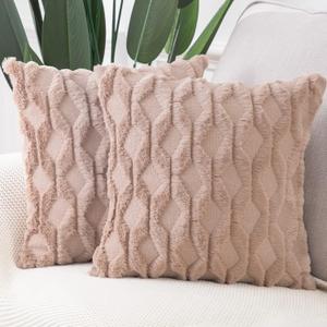 MADIZZ Set of 2 Soft Polyester Short Wool Velvet Decorative Throw Pillow Covers 18x18 inch Light Brown Square Luxury Style Cushion Cases Pillow Shell for Sofa Bedroom