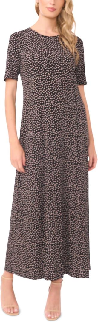 Vince Camuto Women's Short Sleeve Crew Neck Relaxed Maxi Dress (Medium, Rich Black)