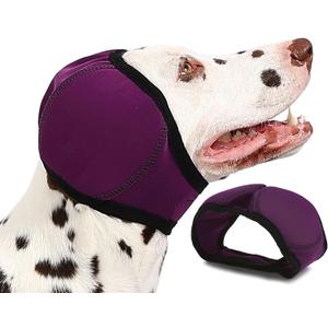 Dog Ear Muffs Wrap for Hematoma, Bathing, Drying, Swimming & Noise Anxiety Relief- Elastic Waterproof Ear Protection with Calming Hoodie Design for Grooming, Large, Purple