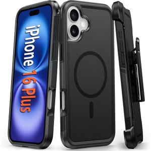 FNTCASE for iPhone 16 Plus Case: Magnetic Dual Layer Shockproof Protective Cell Phone Cover with Belt-Clip Holster | Heavy Duty Military Grade Drop Protection Non Slip Textured Phonecase (Black)