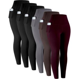 LZYVOO Leggings with Pockets for Women, 6 Packs Soft High Waisted Tummy Control Workout Yoga Pants (Medium, 6 Packs - Black, Gray, Brown, Cassis)