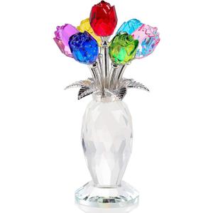 Movdyka Crystal Colorful Rose Flower Figurine with Vase Handmade Romantic Glass Rose Gifts for Wife Mom on Mother's Day Birthday Christmas Wedding Valentines Home Decorations (Multicolor)