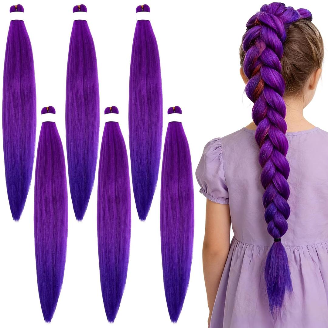 6 Pack 26 Inch Long Purple Hair Extensions for Women, Afro Synthetic Pre Stretched Braiding Hair Funny Hairpieces for Nightclubs Music Festival Bachelorette Party Wedding Halloween Christmas