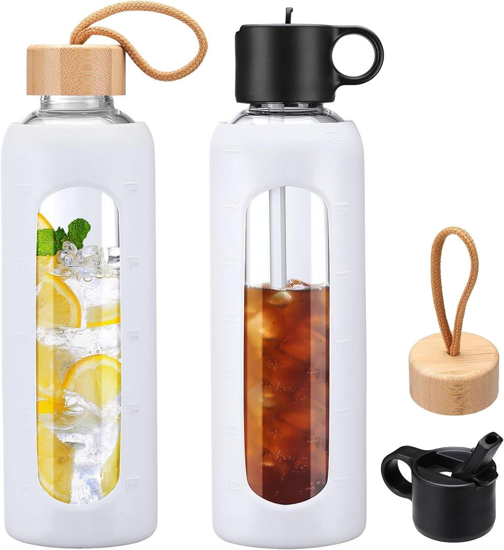 24oz Glass Water Bottle With 2 Lids, Glass Tumbler With Silicone Sleeve, Drinking Bottles With Motivational Time Marker,1 Pack-White (24oz, White)
