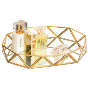 Feyarl Gold Glass Perfume Tray Mirror Vanity Jewelry Trinket Organizer Ornate Cosmetic Makeup Display Decorative Tray for Bathroom Home Decor Dresser Tabletop Countertop （11 x 8.26 x 1.96inch）