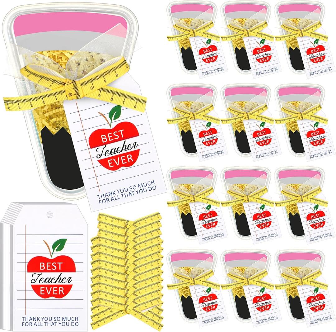 Tinlade 12 Set DIY Pencil Container Appreciation Teacher Gifts with Apple Cards Ruler Ribbon Back to School Plastic Treat Boxes for Teachers Thank You Gifts for Classroom School Party Favors
