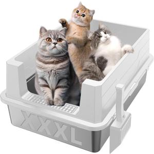 XXXL Stainless Steel Litter Box, Extra Large 28" L x 20" W Metal Litter Box for Big Cats & Multiple Cats with High Sided, Anti-Urine Leakage, Non-Sticky, Easy Cleaning, Include Scoop(White)