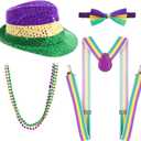 6Pcs Mardi Gras Accessories Set Mardi Gras Costume Outfit Men Women Sequin Hat Bow Tie Costume Suspender Bead Necklaces for Carnival Halloween Party