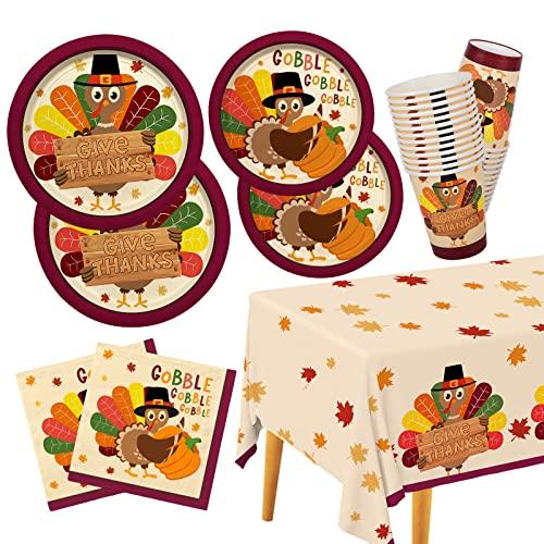Gatherfun Turkey Thanksgiving Party Supplies Kit, Autumn Disposable Dinnerware Includes, Paper Dinner Plates, Dessert Plates, Napkins, Cups, and Tablecloth, for Fall party Decorations, Serve 25