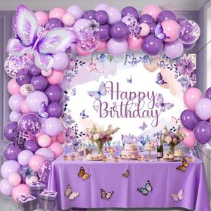 Purple Butterfly Birthday Decorations Balloon Arch Kit - Glitter Butterfly Party Supplies with Garland, Backdrop, Centerpieces for Women Girls Birthday Party Decor
