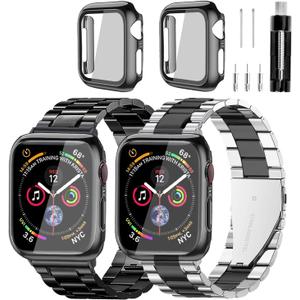 Stainless Steel Band and Case Compatible With Apple Watch Iwatch Ultra Series 11 10 9 8 7 6 5 4 3 2 1 SE 49mm 45mm 46mm 44mm 42mm 41mm 40mm 38mm,Men Women Classic Classy Metal Business (Black/Silver&Black)