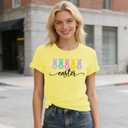 Happy Easter Shirt for Women-Cute Easter Rabbit Tee Tops Spring Colored Bunny Short Sleeve (S)