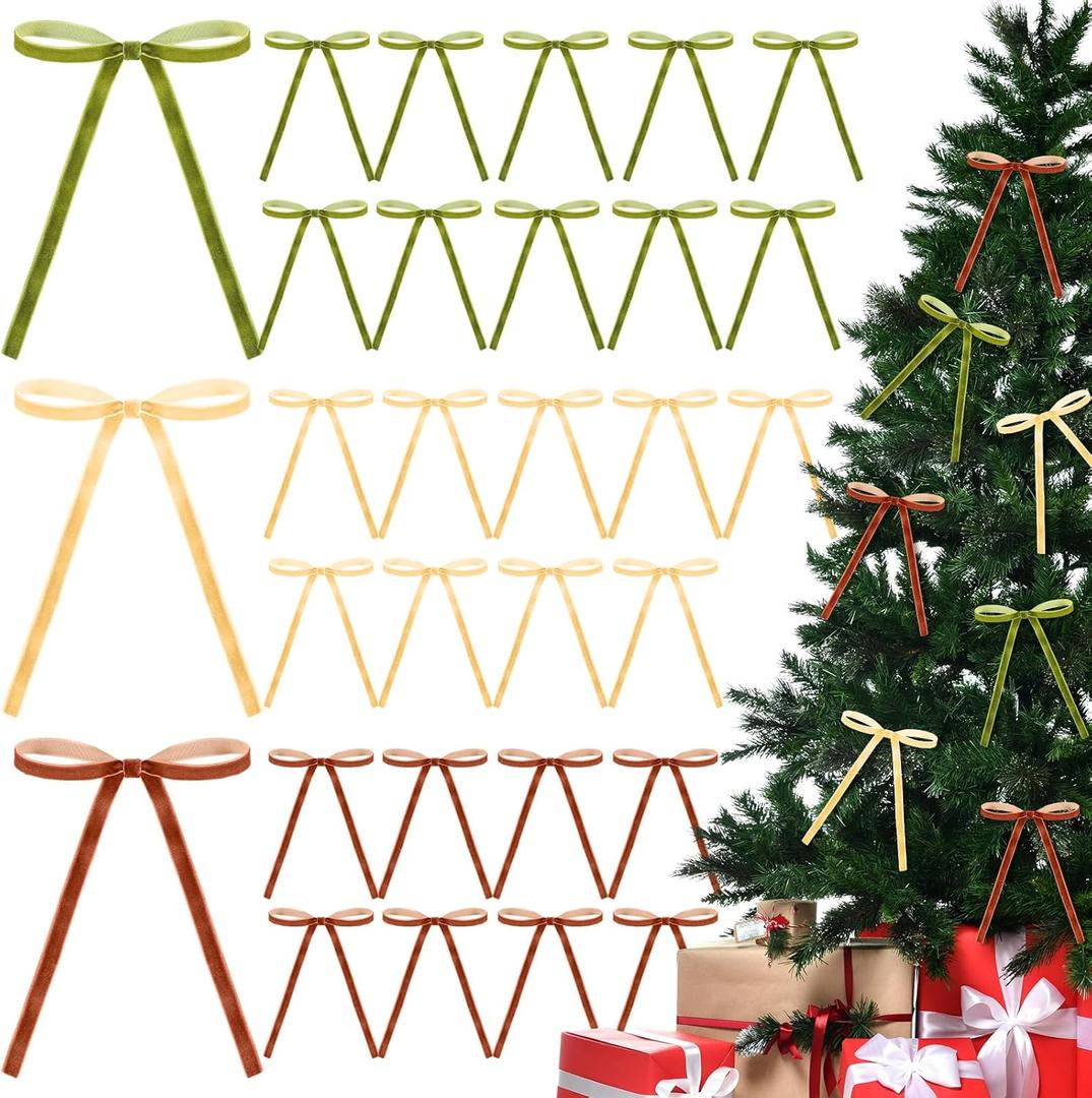 2 x Waydress 36 Pcs Velvet Bows Christmas Tree Ornaments 5 x 7 Inch Vintage Velvet Ribbon Wreath Bows for Christmas Tree Garland Gift Wrapping Xmas Home Decor, Brown, Beige, Moss Green