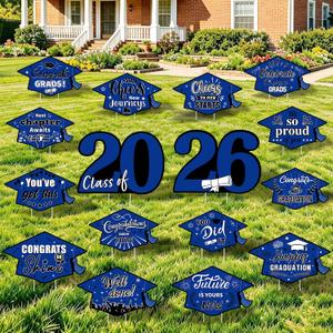16 Pieces 2026 Graduation Yard Signs Plastic Congrats Grad Decor with 32 Stake and Ribbon Graduate Cap Hanging Yard Sign for Party Outdoor Lawn Pathway Walkway Decorations(Blue and Black)