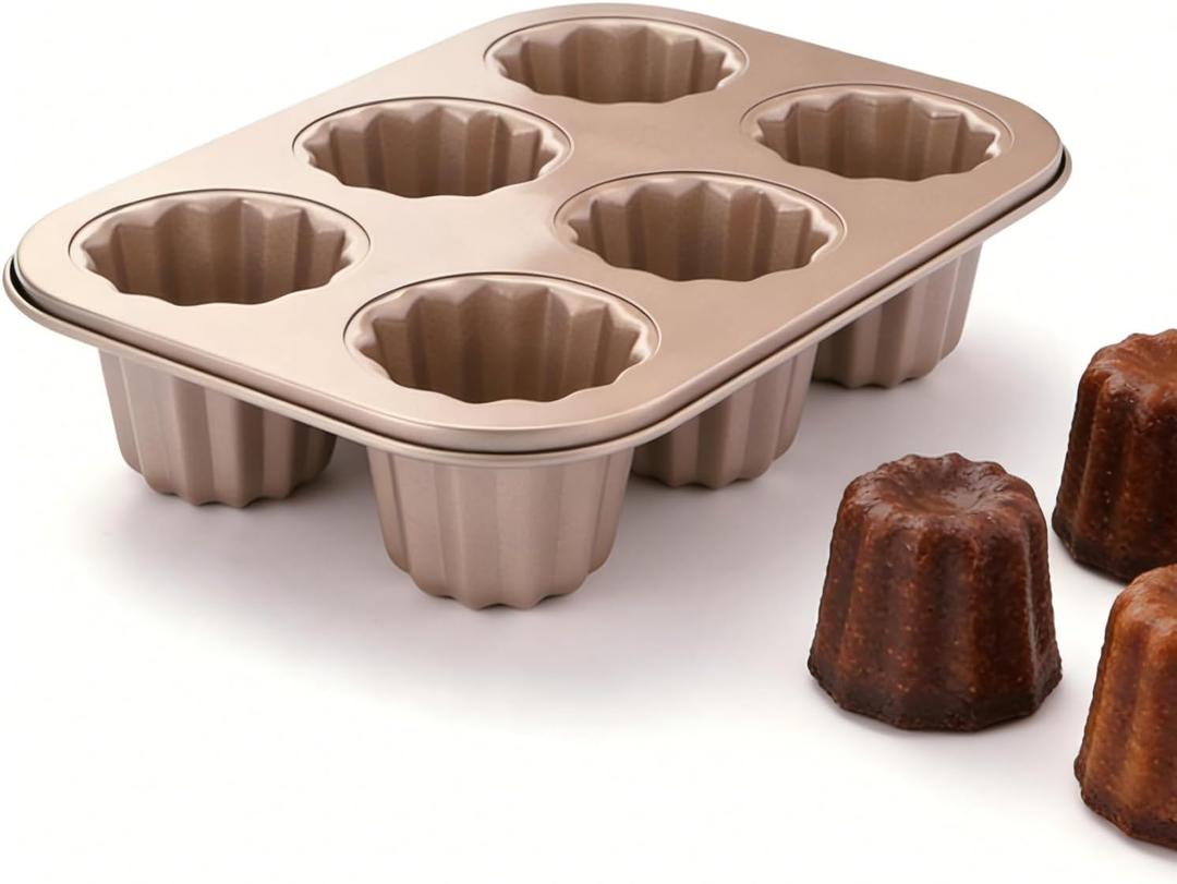 6-Cavity Canel Pan Nonstick, Carbon Steel Canele Mold for French Pastry Baking, Small Batch Canele Baking Pan for Mini Cakes, Custards & Home Baking