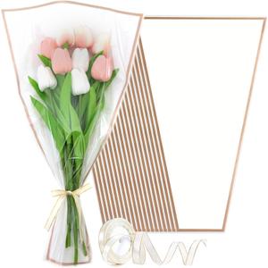 Wzifyf 50 PACK Flower Bags for Bouquets Flower Bouquet Holders White Floral Wrapping Paper flower Sleeves Build Your Own Bouquet Bar with 72 Ft Ribbons for Valentine's Day Packaging Supplies