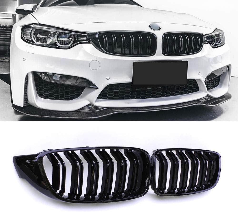 SNA F32 Kidney Grill Fit for BMW 4 Series F32 F33 F36 (2014-2019) F82 M4 F80 M3 (2015-2019) (Black Double Slats ABS Grille, 2-pc Set)