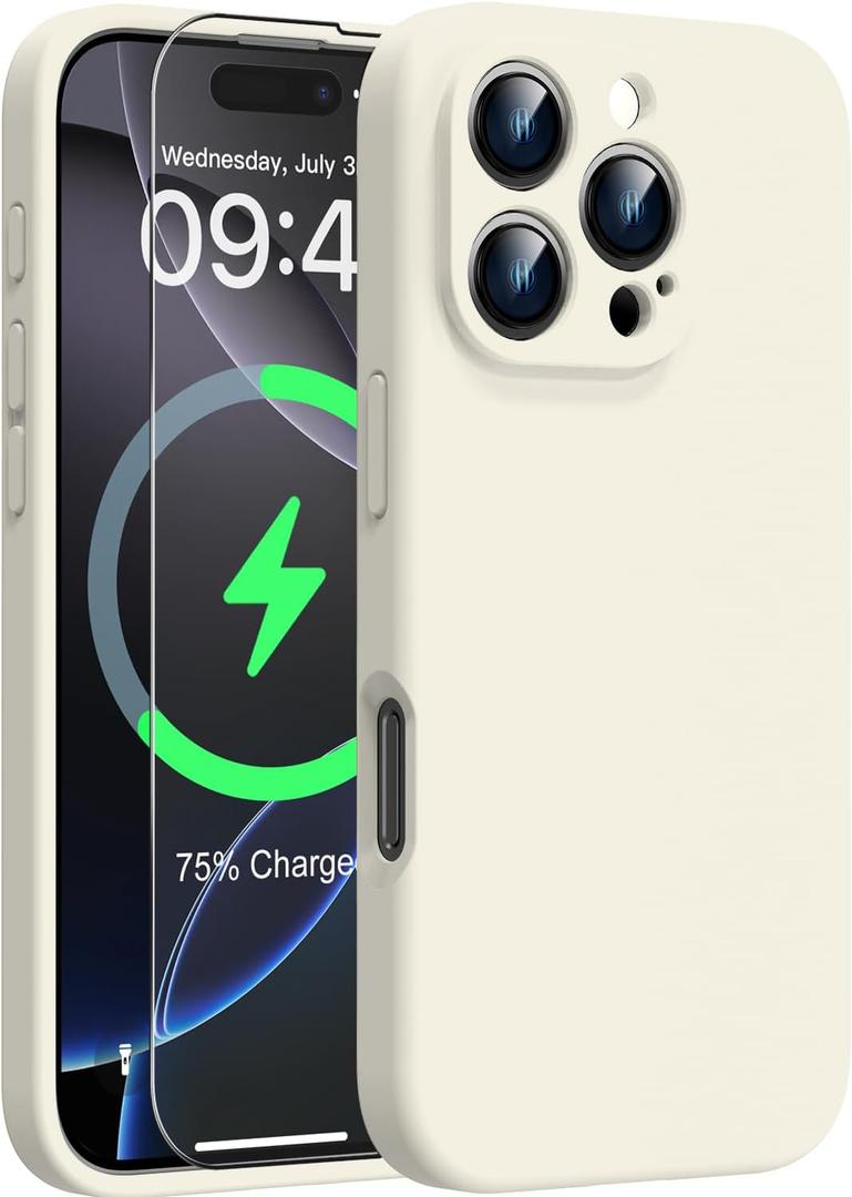 Goodon Magnetic for iPhone 16 Pro Case with Screen Protector - Wireless Charging Compatible - Full Camera Protection - Shockproof Protective Silicone Phone Case for Men Women Girls - Ivory