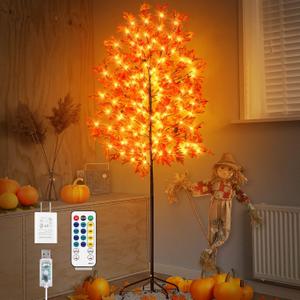 FastDeng 6Ft 144 LED Lighted Maple Tree Thanksgiving Decor, Timing 8 Flashing Modes Artificial Fall Tree Light with Acorns Pumpkins for Home Indoor Outdoor Thanksgiving Harvest Halloween Decorations