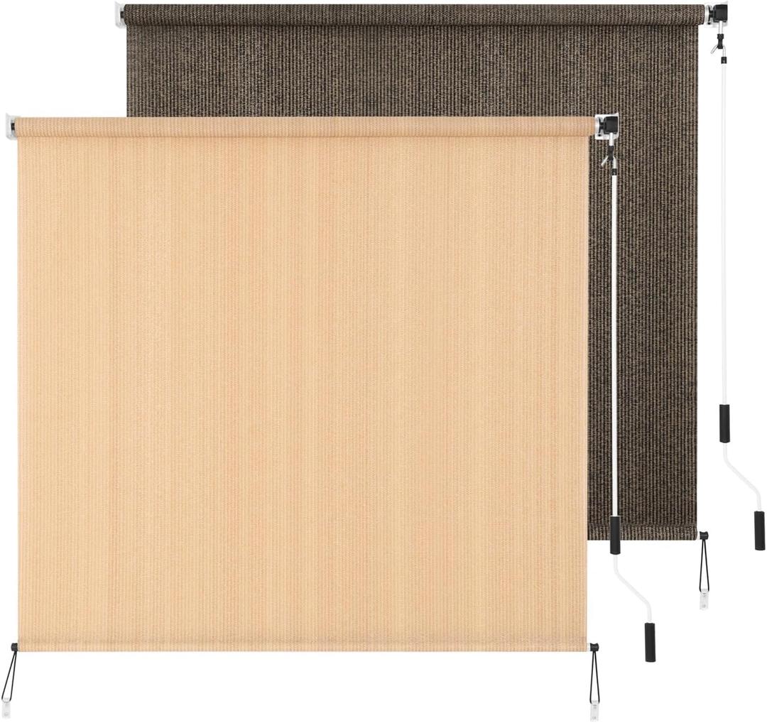 Outdoor Roller Shade 8' W x 6' L Cordless Patio Shades Roll Up Outdoors Blinds with UV Protection, Exterior Roller Shades Cloth for Porch Pergola, Walnut