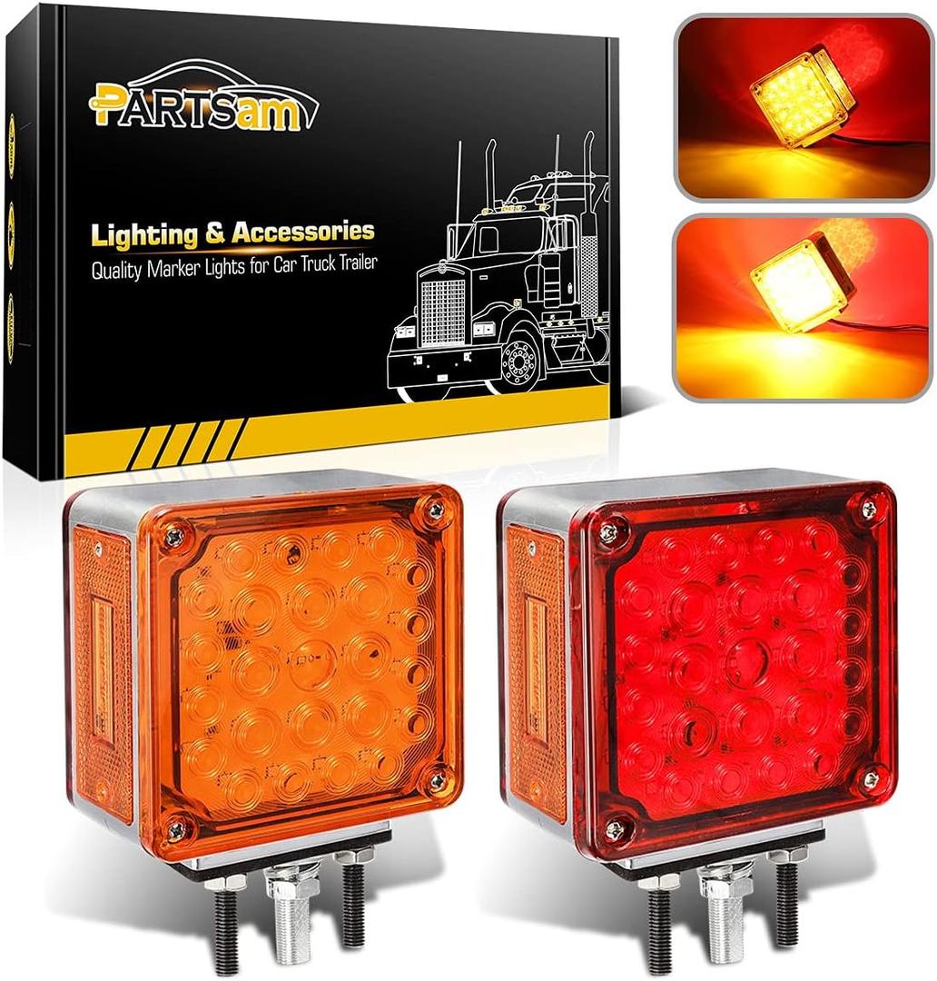 Partsam 2Pcs Square Dual Double Face Fender Stop Turn Signal Tail 52 LED Amber/Red, Truck Trailer Double Face Led Pedestal Lights Waterproof, Dual-face lights with Three Studs Waterproof