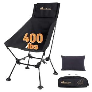 MOON LENCE Oversized High Back Camping Chair with Pillow for Adults, Height Adjustable Folding Chair | 400 lbs Capacity & 6.2 lbs, Hidden Pillow Pocket Wide Seat for Camping Fishing Overlanding, Black