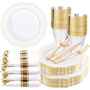 Liacere 175pcs Gold Plastic Plates - White and Gold Disposable, 50PCS Plastic Dinner Plates, Perfect for Wedding & Party & Holiday & Mother's Day & Easter Day