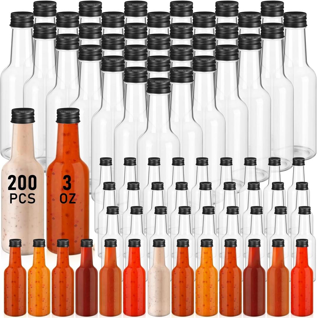 Zubebe 200 Pcs Hot Sauce Bottles Small Plastic Clear Woozy Bottles Empty with Leak Proof Black Screw Cap Mini Wine Liquor jars for Kitchen Sauce Salad Dressing Syrup Juice Whiskey (3 oz)