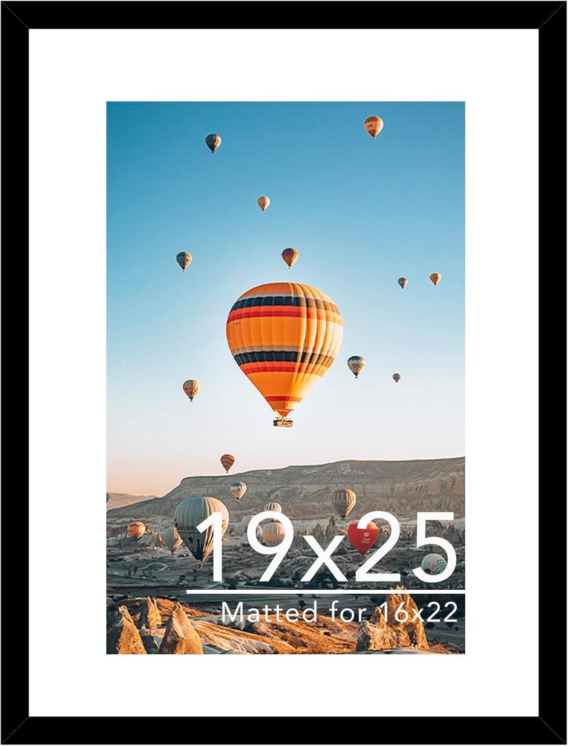JCJMY 19x25 Picture Frame with 16x22 Mat, Display Photo 16x22 with Mat or 19 x 25 Without Mat, Wall Hanging Large 19 by 25 Poster Frame with Plexiglass, Black