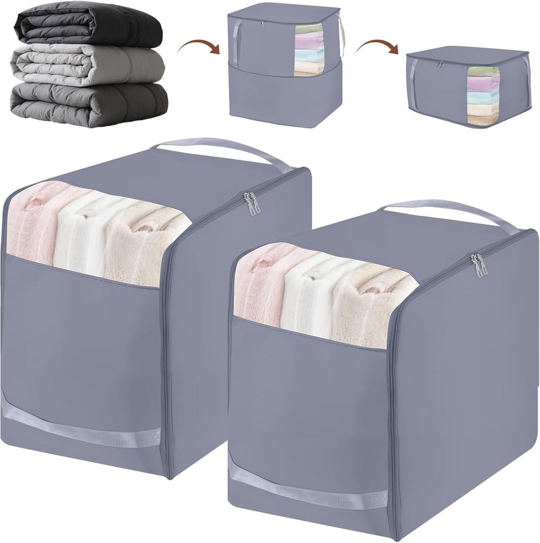 Compression Storage Bags for Down Comforters, Foldable Reusable Organizers for Down Coats, Clothes, Bedding, Blanket, Self Compression Packing Cubes Space Saver Bags with Dual Zipper, 2 Pack 136L Gray (XX-Large)