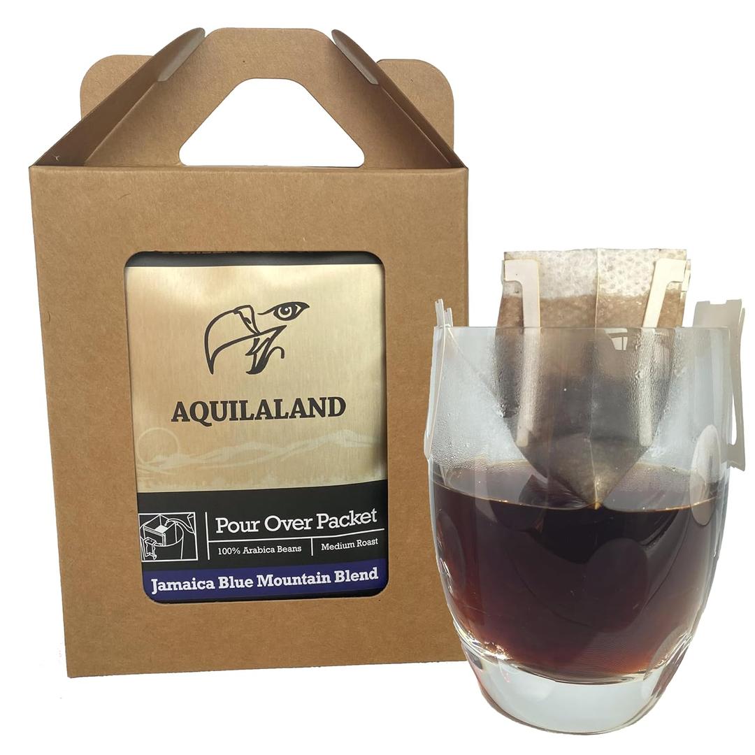 Aquilaland Jamaica Blue Mountain Blend, Medium Roast, 100% Arabica, Pour Over Drip Bag Coffee (7 Servings) (EXP 03/01/28)