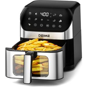 DEIME Air Fryer 6.2 QT Oilless 1500W Large Capacity Oven Air Fryers Healthy Cooker with 10 Preset, Visual Cooking Window, Non-Stick Basket, Included Recipe (Silver-W)