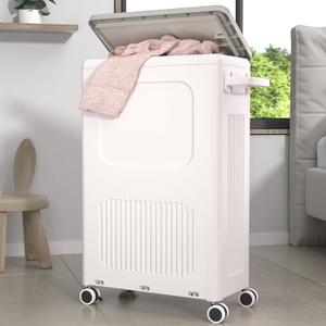 Slim Laundry Hamper with Lid, 50L Plastic Tall Laundry Basket with Wheels, Compact Size for Narrow Space, Rolling Laundry Cart with Handle for Easy Transport to Laundry Room-Milky White