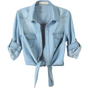 Omoone Women's 3/4 Sleeve Denim Crop Top Tie Knot Shirt Cardigan (X-Large, Light Blue)