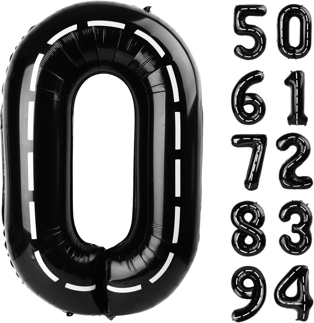 Race Car Number Balloon 40 inch, Black 0 Number Balloons, 10 20 30 40 50 Numbers Balloon Black Race Car Birthday Party Decorations for Boy Men