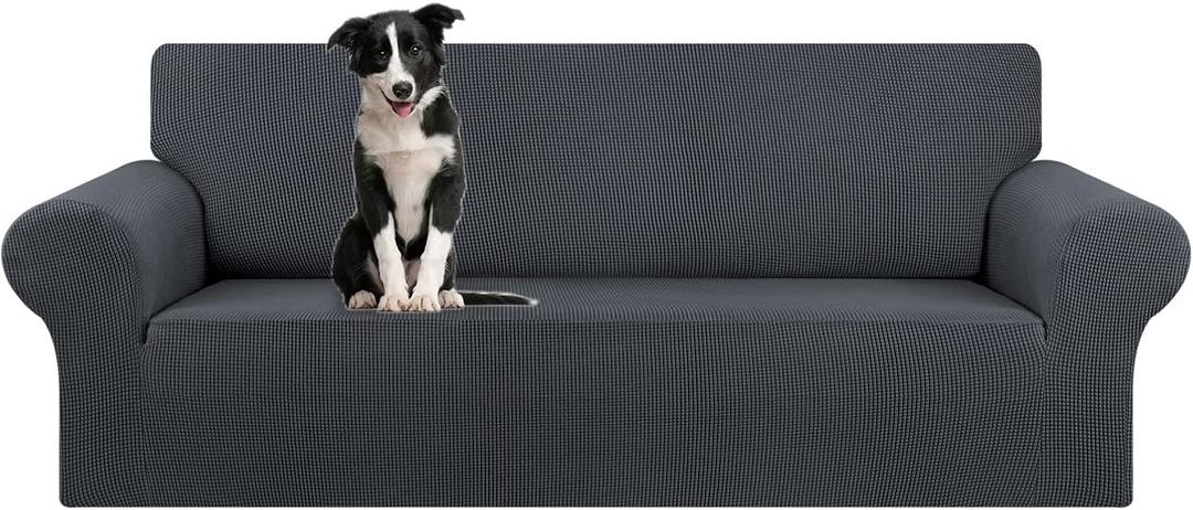 KEKUOU Stretch Oversized Sofa Slipcover 1 Piece Couch Sofa Cover (94"-110") Furniture Protector 4 Seater Sofa with Elastic Bottom for Kids,Pet.Jacquard Checked Pattern Fabric(X Large,Charcoal)