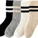 Striped Cotton Crew Socks for Women with Seamless Toe, Cute Casual Womens Socks, Athletic Running Socks for Sport, Office, Home, School, 4 Pairs, Size 6-9