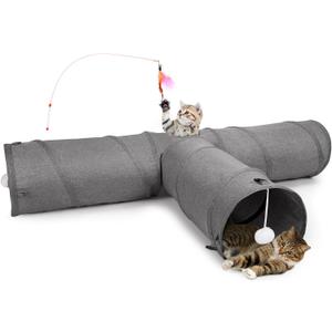 Ownpets Cat Tunnel, 3 Way Collapsible Kitty Tunnel 47 inch Long Cat Tube with Plush Ball & Feather Toy, Cat Play Tunnel for Indoor Cat, Kitten, Rabbit