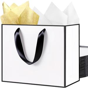 SHIPKEY 10 Pcs White and Black Gift Bags, 16x6x12 Inches Party Favor Bags with Tissue Paper, Extra Large Paper Bag | Shopping Bag for Birthday (40x15x30cm)
