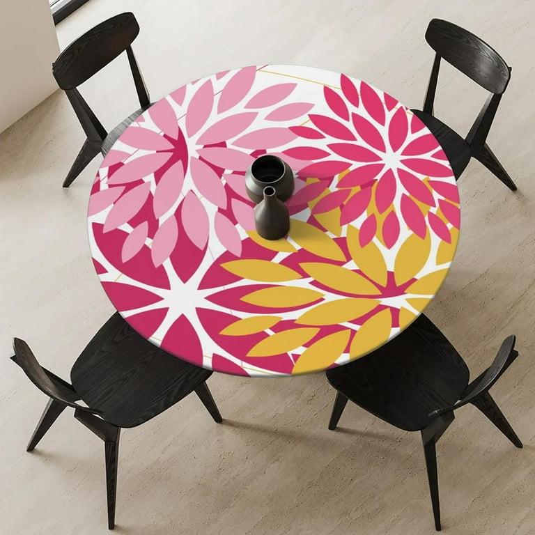 Pink Yellow Round Fitted Tablecloth Elastic Edged Floral Table Cover Waterproof Wipeable Table Cloth Tablecloth Fits Tables up to 36"-44"